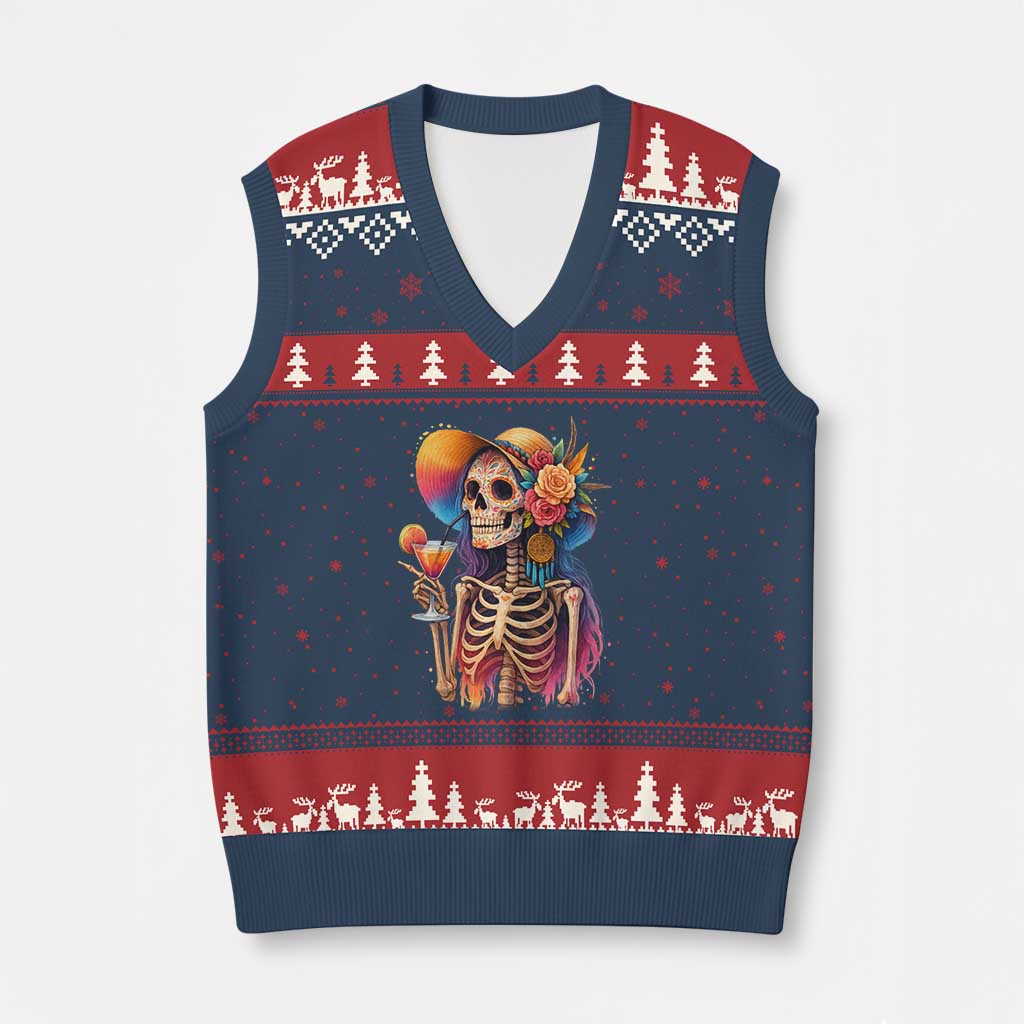 Funny Summer Sugar Skull Cocktail Lover V-Neck Knit Sweater Vest