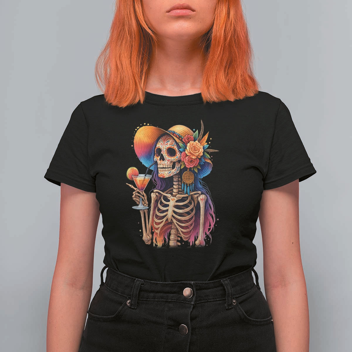 Funny Summer Sugar Skull Cocktail Lover T Shirt For Women