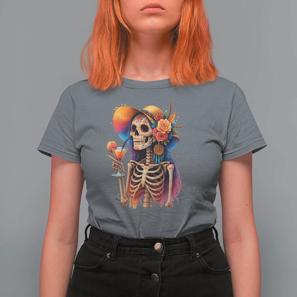 Funny Summer Sugar Skull Cocktail Lover T Shirt For Women