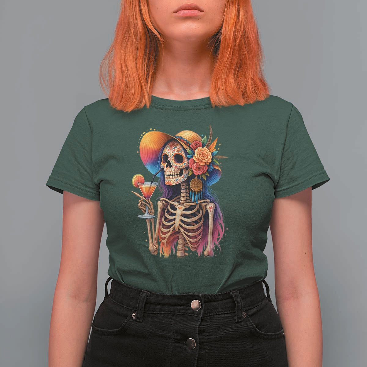 Funny Summer Sugar Skull Cocktail Lover T Shirt For Women