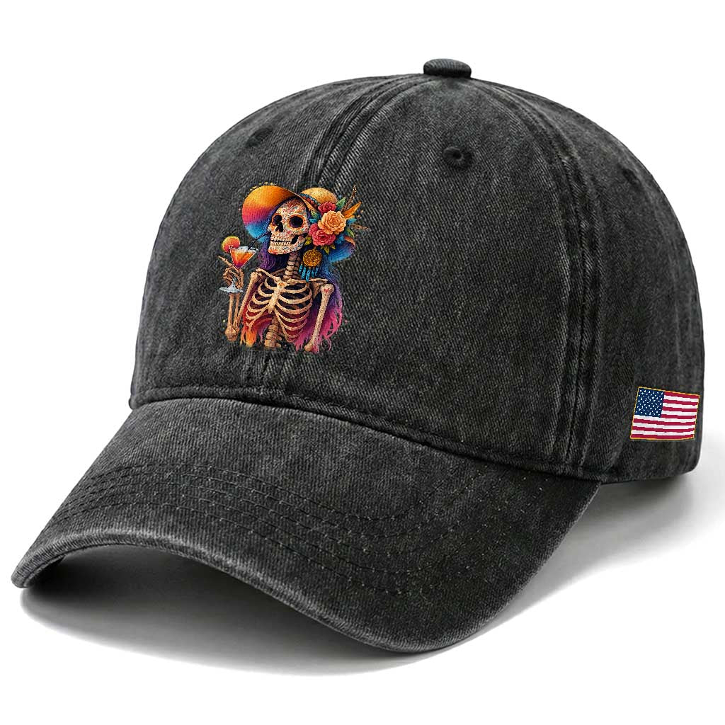 Funny Summer Sugar Skull Cocktail Lover Washed Cotton Baseball Cap