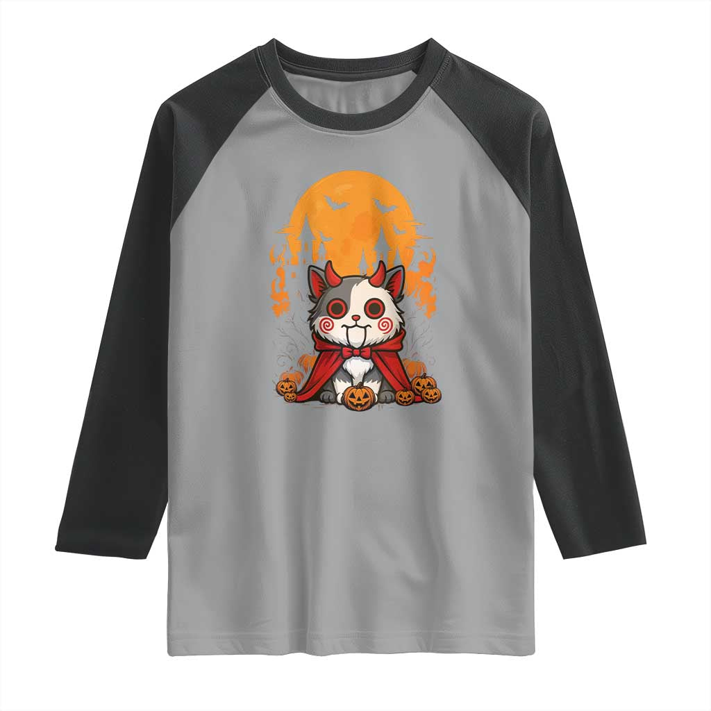 Halloween Cat Raglan Shirt Horror Vampire Kawaii Chibi Kitten - Wonder Print Shop