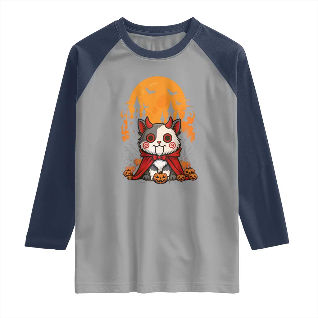 Halloween Cat Raglan Shirt Horror Vampire Kawaii Chibi Kitten - Wonder Print Shop