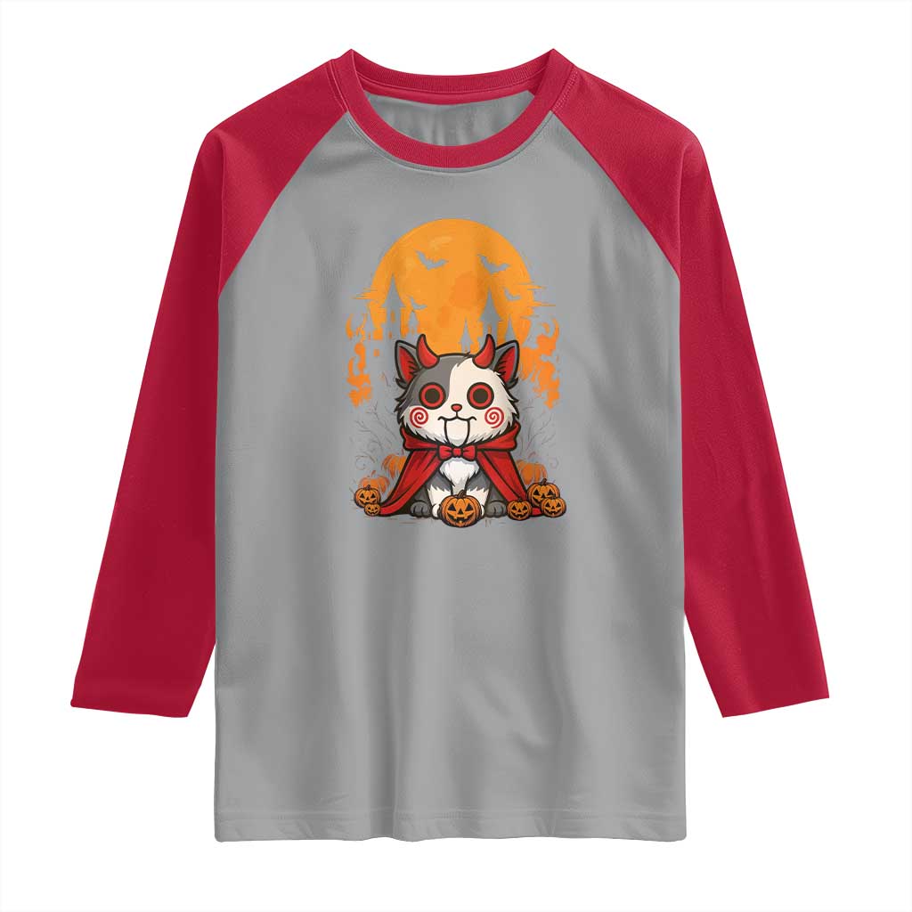 Halloween Cat Raglan Shirt Horror Vampire Kawaii Chibi Kitten - Wonder Print Shop