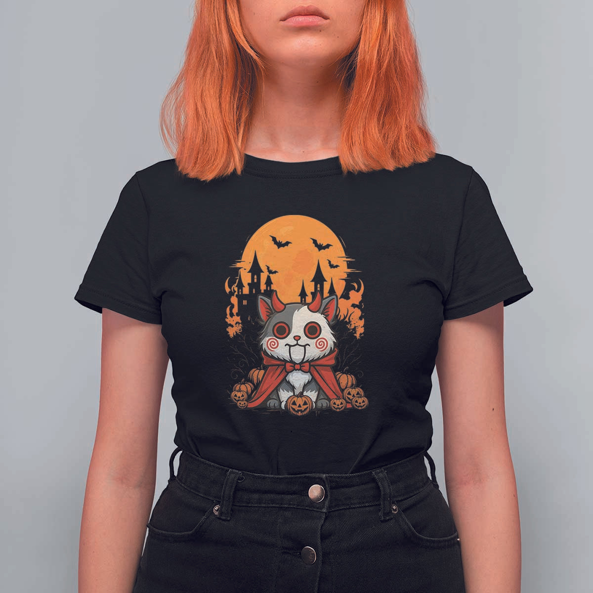 Halloween Cat T Shirt For Women Horror Vampire Kawaii Chibi Kitten - Wonder Print Shop