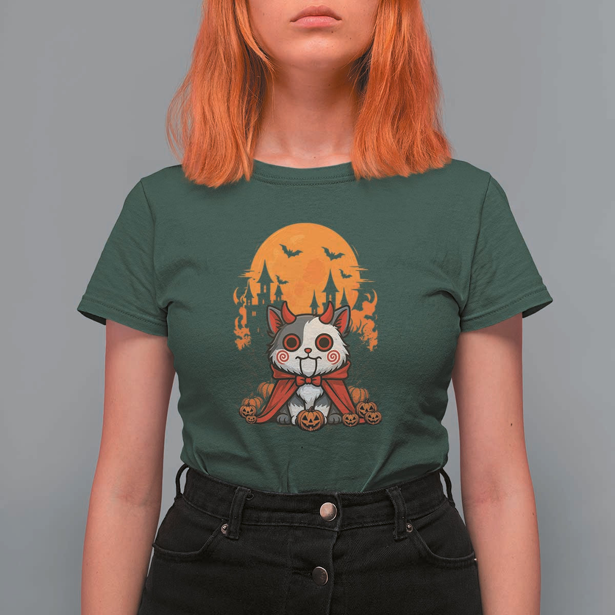 Halloween Cat T Shirt For Women Horror Vampire Kawaii Chibi Kitten - Wonder Print Shop