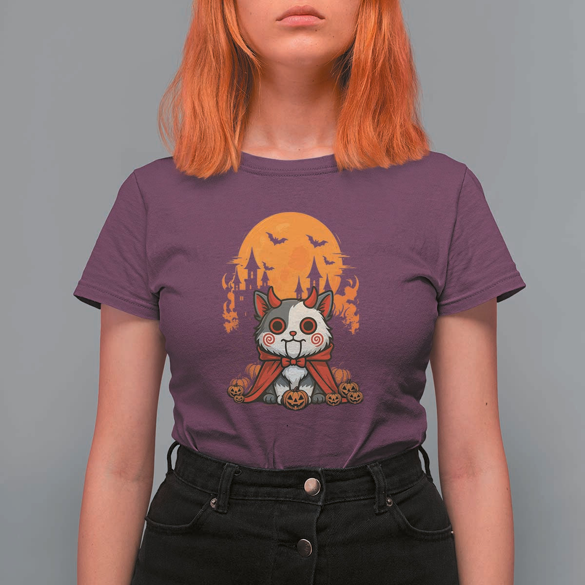 Halloween Cat T Shirt For Women Horror Vampire Kawaii Chibi Kitten - Wonder Print Shop