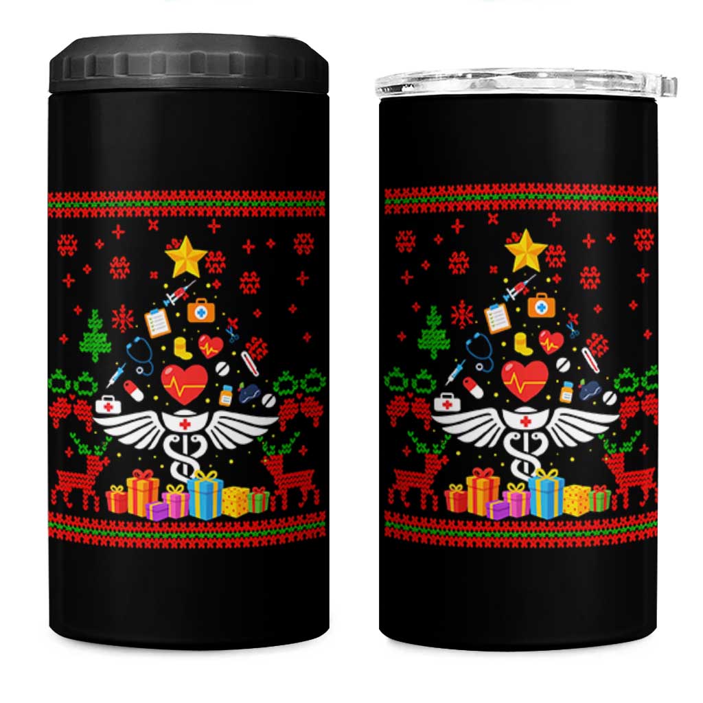 Funny Christmas Healthcare Worker 4 in 1 Can Cooler Tumbler Nurses And Doctors Pine Tree
