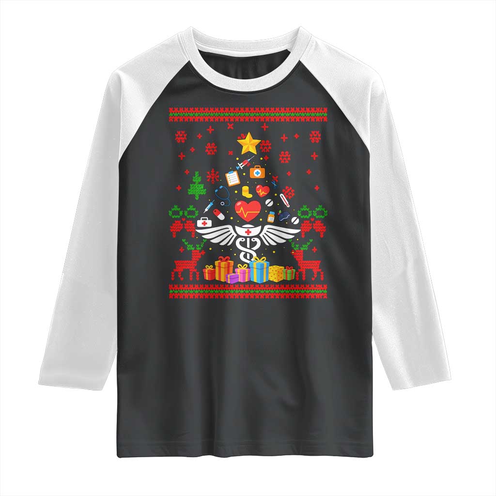 Funny Christmas Healthcare Worker Raglan Shirt Nurses And Doctors Pine Tree - Wonder Print Shop
