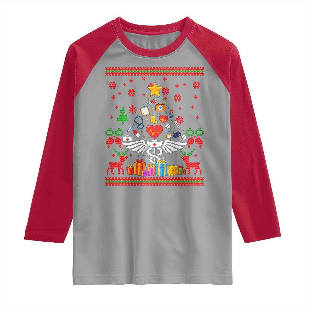 Funny Christmas Healthcare Worker Raglan Shirt Nurses And Doctors Pine Tree - Wonder Print Shop