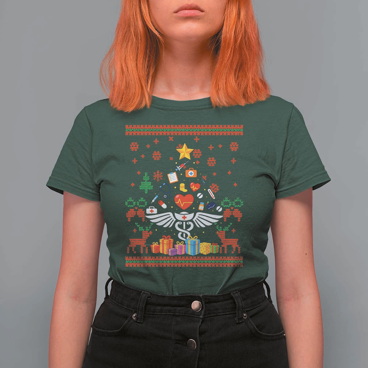 Funny Christmas Healthcare Worker T Shirt For Women Nurses And Doctors Pine Tree - Wonder Print Shop