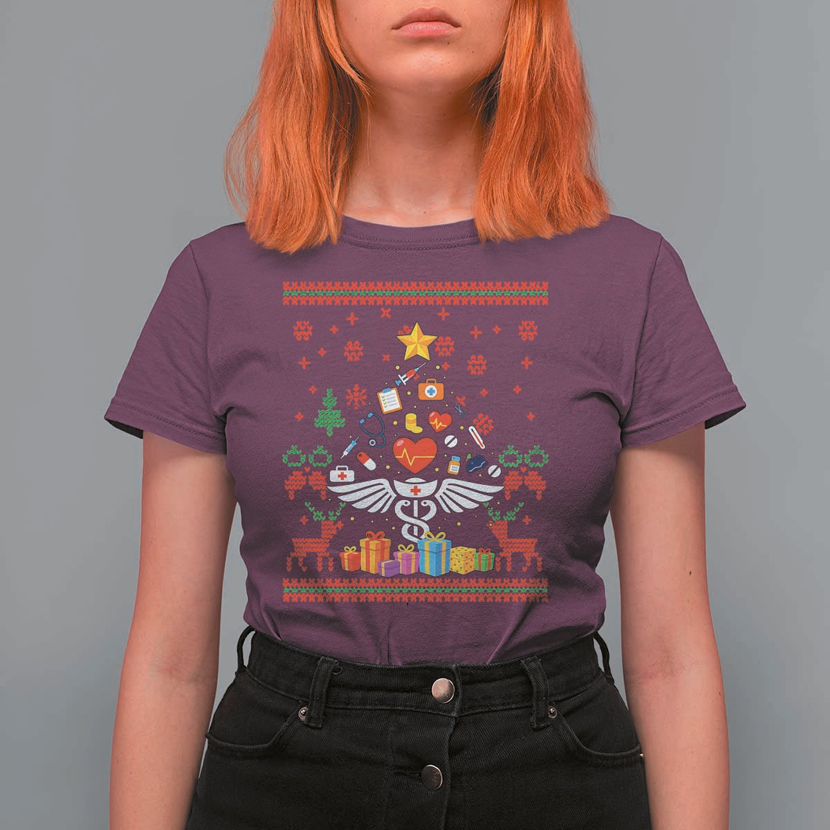 Funny Christmas Healthcare Worker T Shirt For Women Nurses And Doctors Pine Tree - Wonder Print Shop