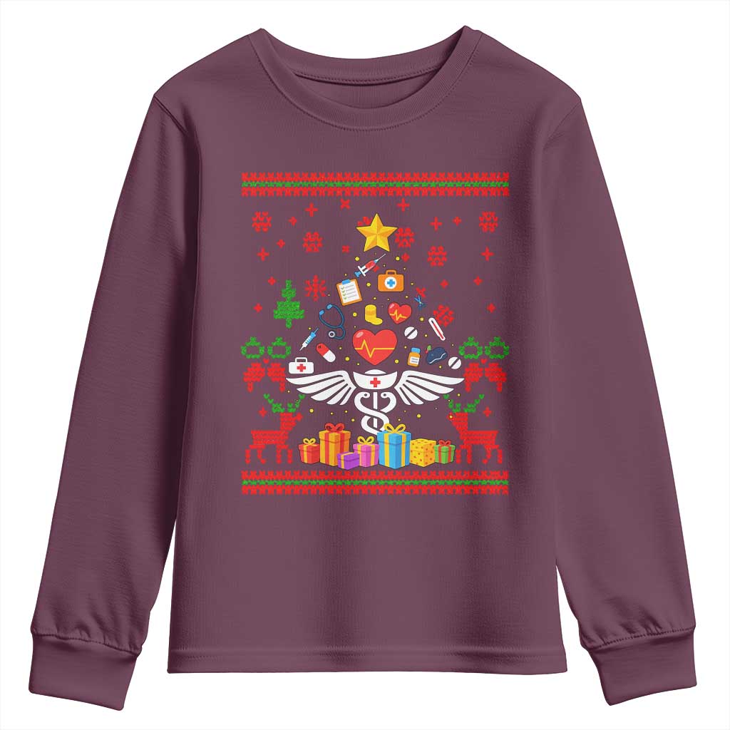 Funny Christmas Healthcare Worker Youth Sweatshirt Nurses And Doctors Pine Tree - Wonder Print Shop