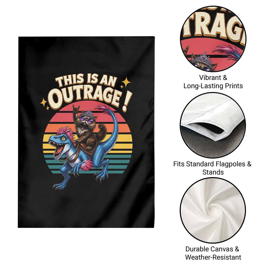 This Is An Outrage Cat Riding Dinosaur Garden Flag Sci-Fi Book Lover Gift