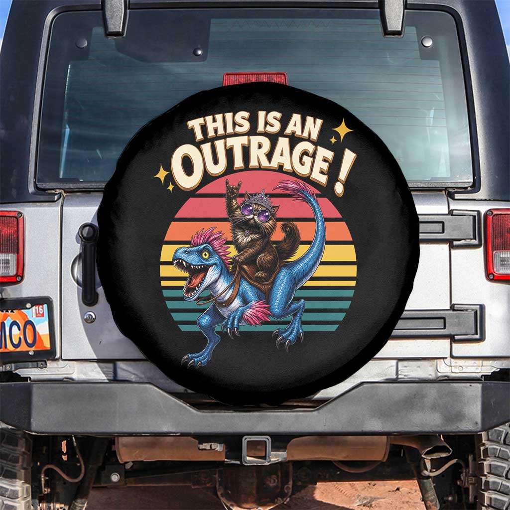 This Is An Outrage Cat Riding Dinosaur Spare Tire Cover Sci-Fi Book Lover Gift