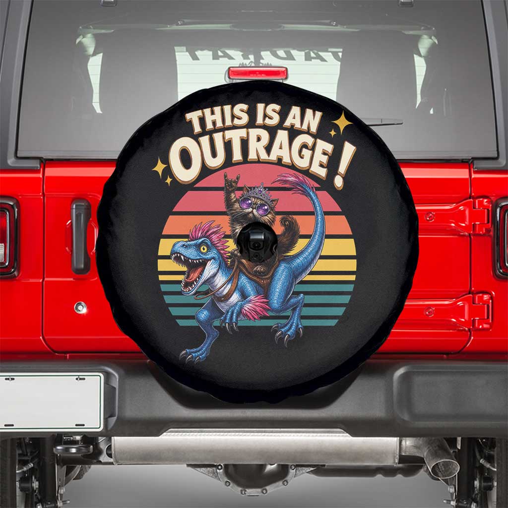 This Is An Outrage Cat Riding Dinosaur Spare Tire Cover Sci-Fi Book Lover Gift