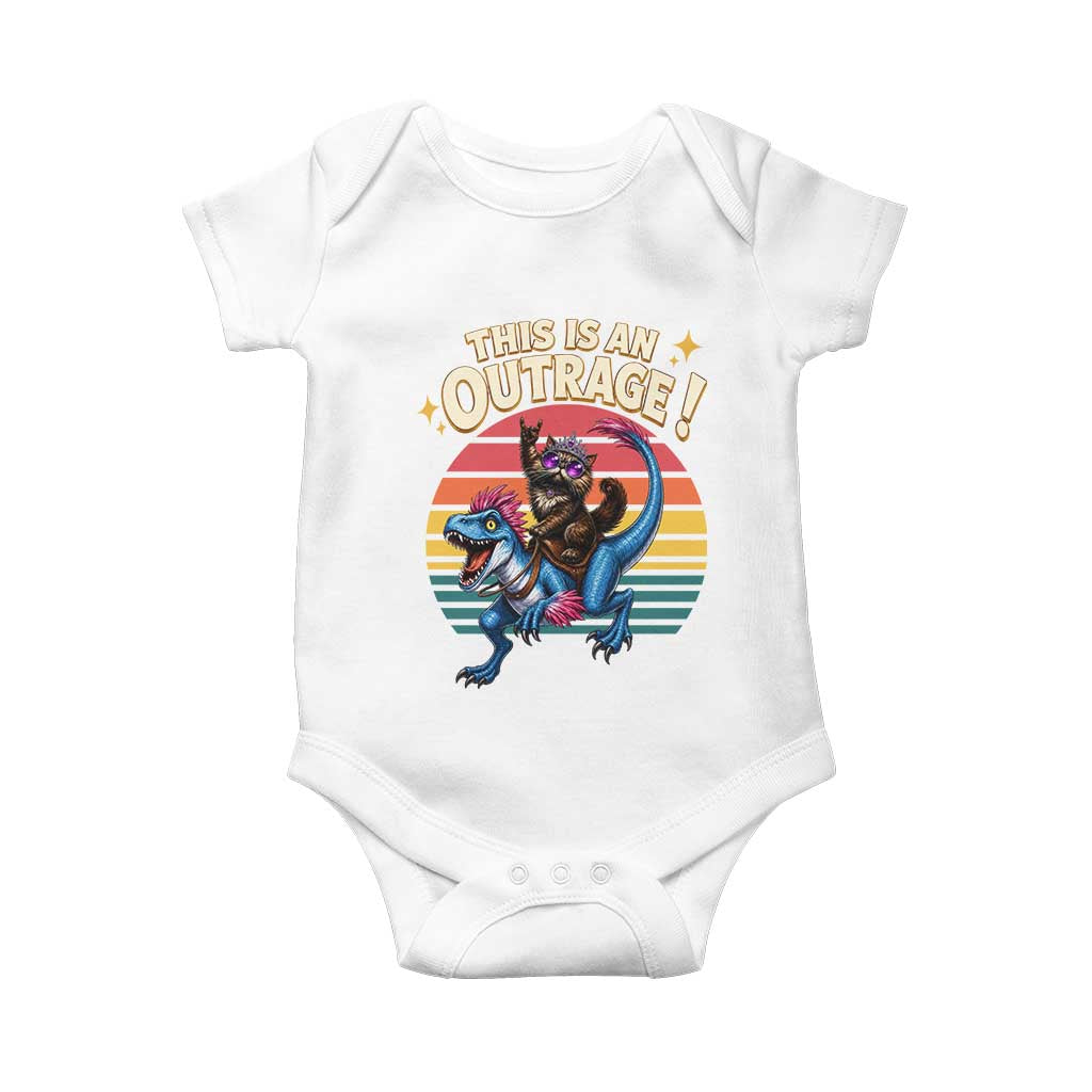 This Is An Outrage Cat Riding Dinosaur Baby Onesie Sci-Fi Book Lover Gift