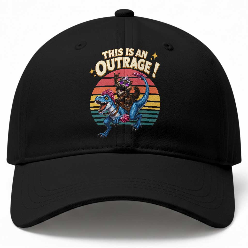 This Is An Outrage Cat Riding Dinosaur Baseball Cap Sci-Fi Book Lover Gift