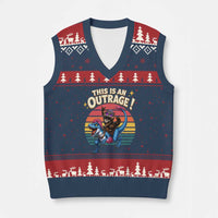 This Is An Outrage Cat Riding Dinosaur V-Neck Knit Sweater Vest Sci-Fi Book Lover Gift