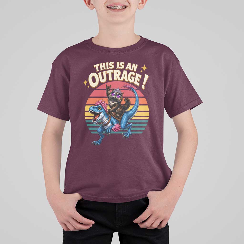 This Is An Outrage Cat Riding Dinosaur T Shirt For Kid Sci-Fi Book Lover Gift