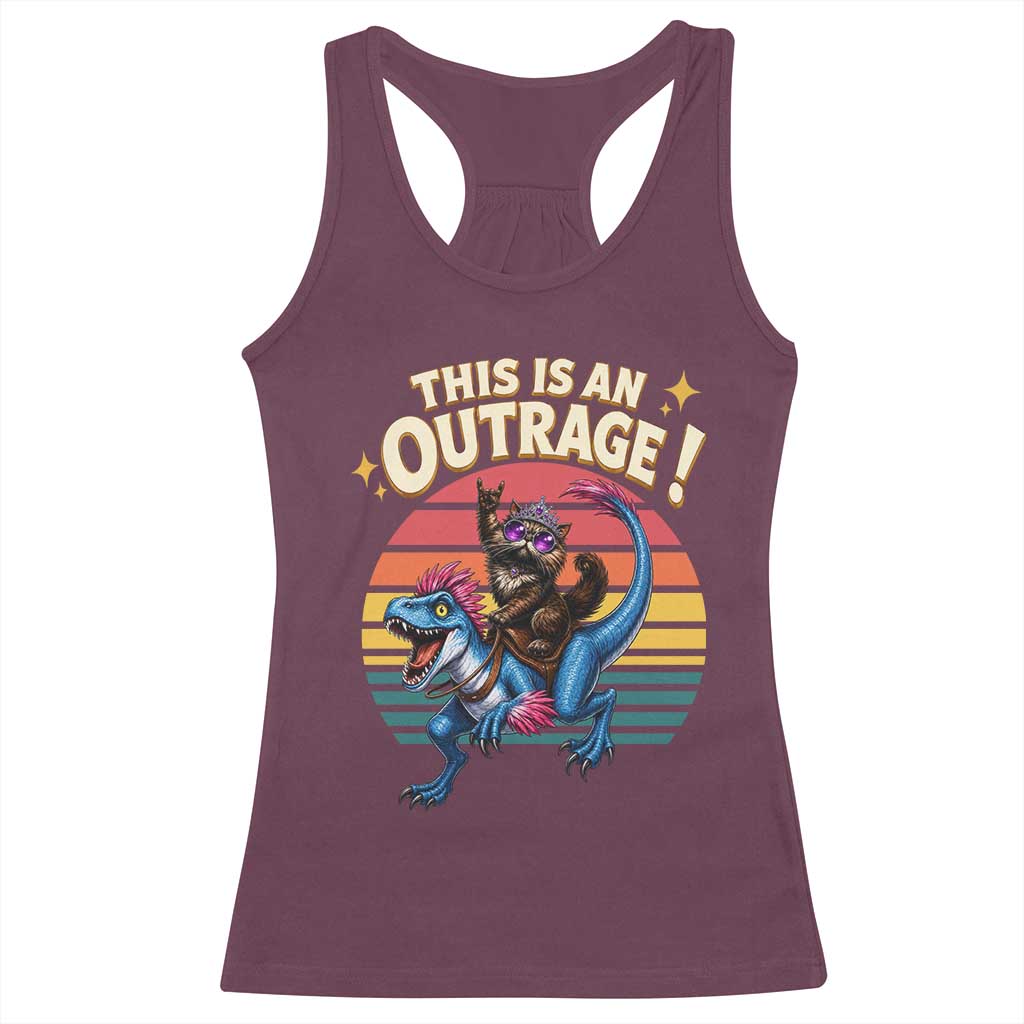 This Is An Outrage Cat Riding Dinosaur Racerback Tank Top Sci-Fi Book Lover Gift