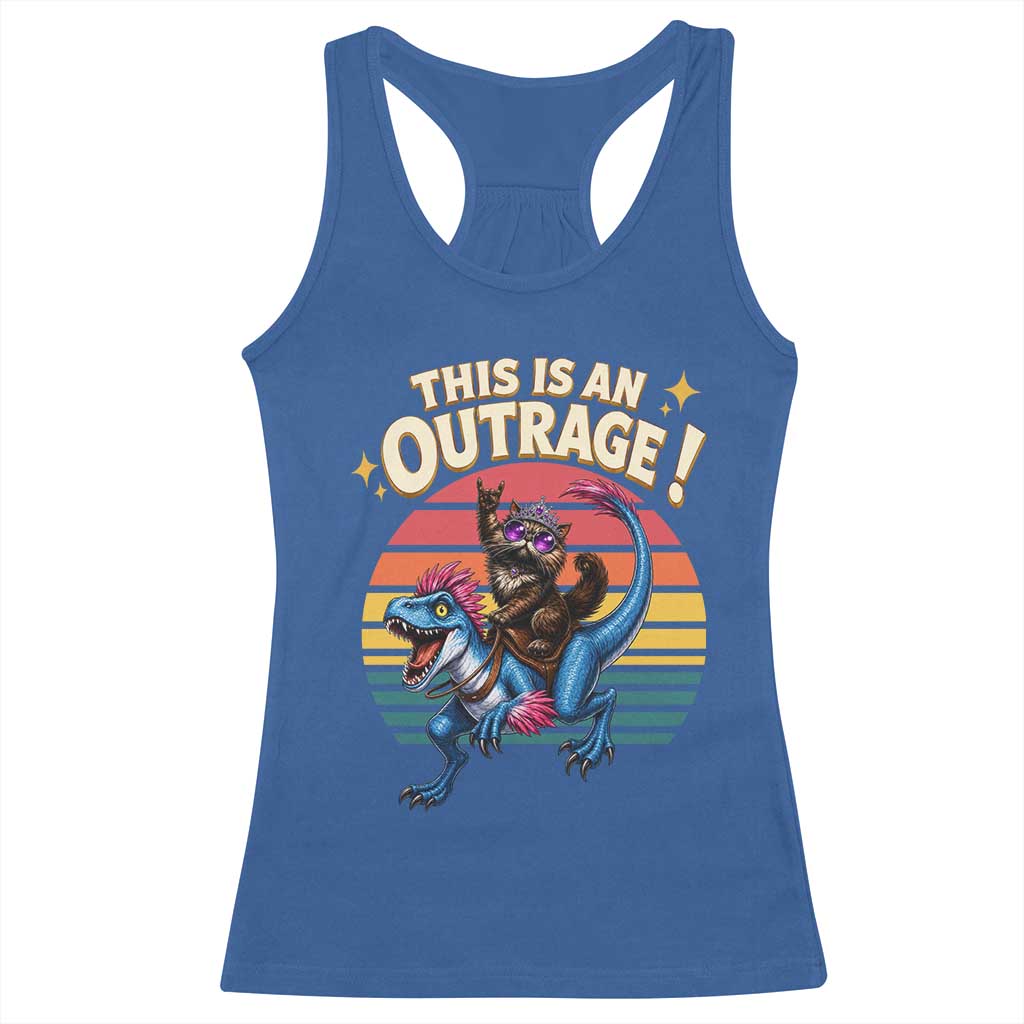 This Is An Outrage Cat Riding Dinosaur Racerback Tank Top Sci-Fi Book Lover Gift