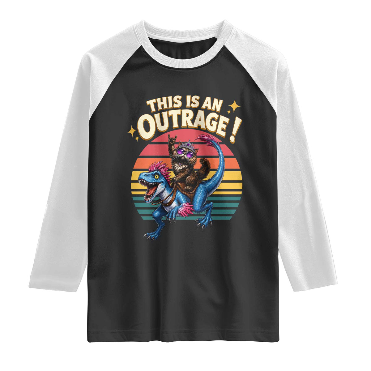 This Is An Outrage Cat Riding Dinosaur Raglan Shirt Sci-Fi Book Lover Gift