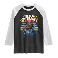This Is An Outrage Cat Riding Dinosaur Raglan Shirt Sci-Fi Book Lover Gift