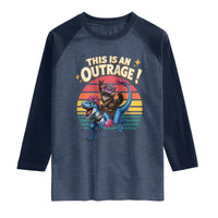 This Is An Outrage Cat Riding Dinosaur Raglan Shirt Sci-Fi Book Lover Gift