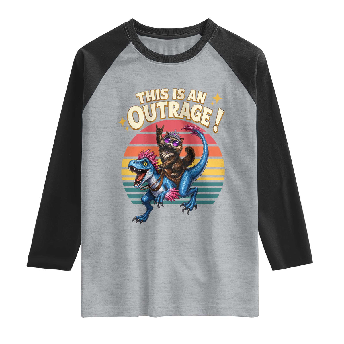 This Is An Outrage Cat Riding Dinosaur Raglan Shirt Sci-Fi Book Lover Gift