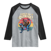 This Is An Outrage Cat Riding Dinosaur Raglan Shirt Sci-Fi Book Lover Gift