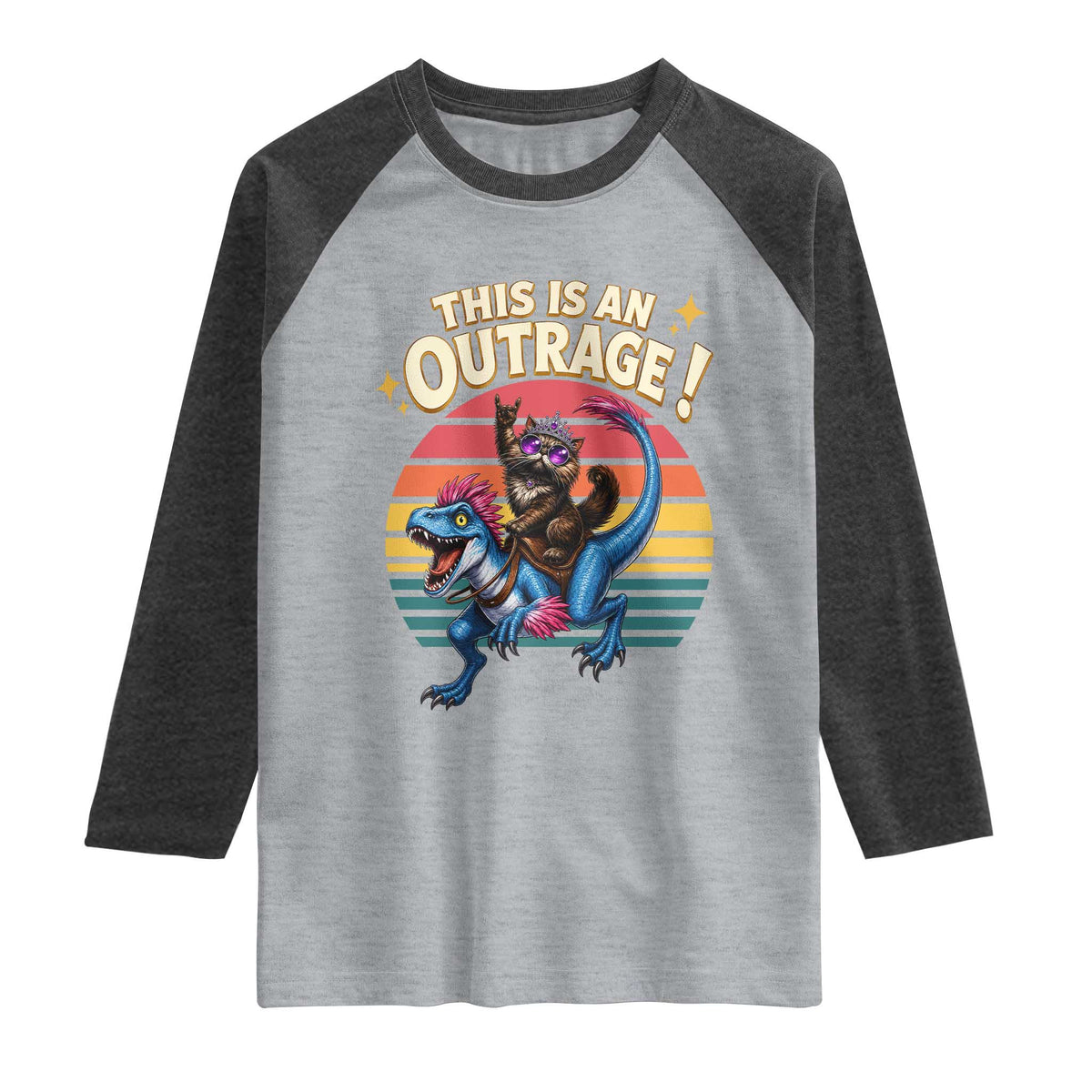 This Is An Outrage Cat Riding Dinosaur Raglan Shirt Sci-Fi Book Lover Gift