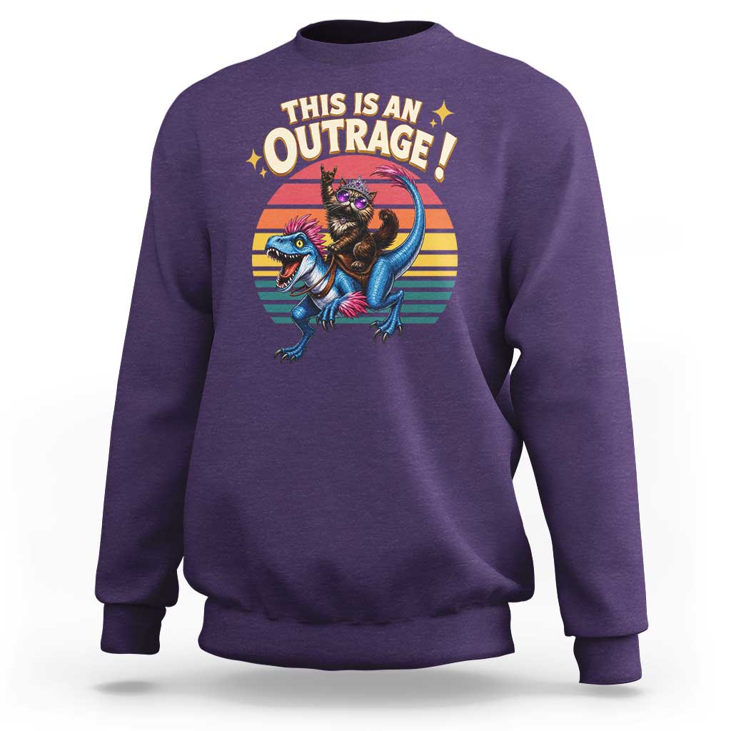 This Is An Outrage Cat Riding Dinosaur Sweatshirt Sci-Fi Book Lover Gift