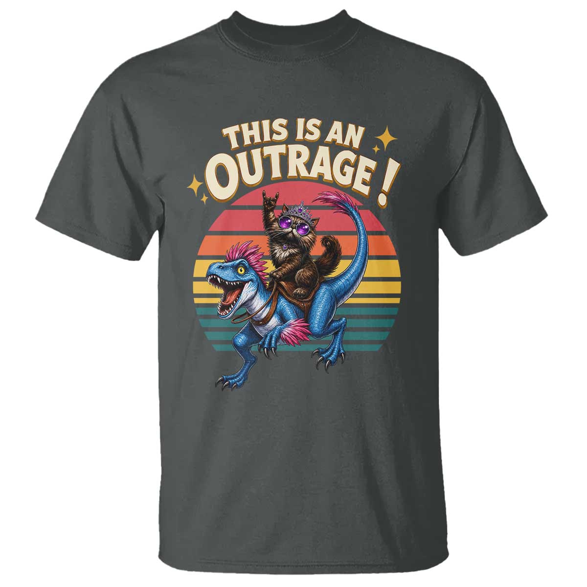 This Is An Outrage Cat Riding Dinosaur T Shirt Sci-Fi Book Lover Gift