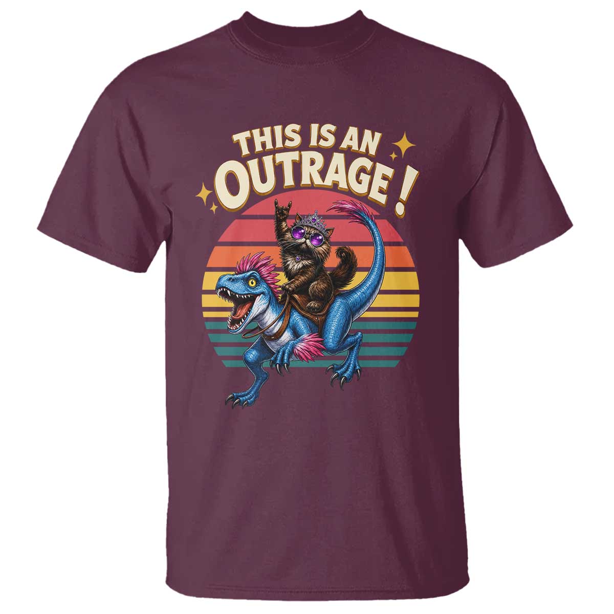 This Is An Outrage Cat Riding Dinosaur T Shirt Sci-Fi Book Lover Gift