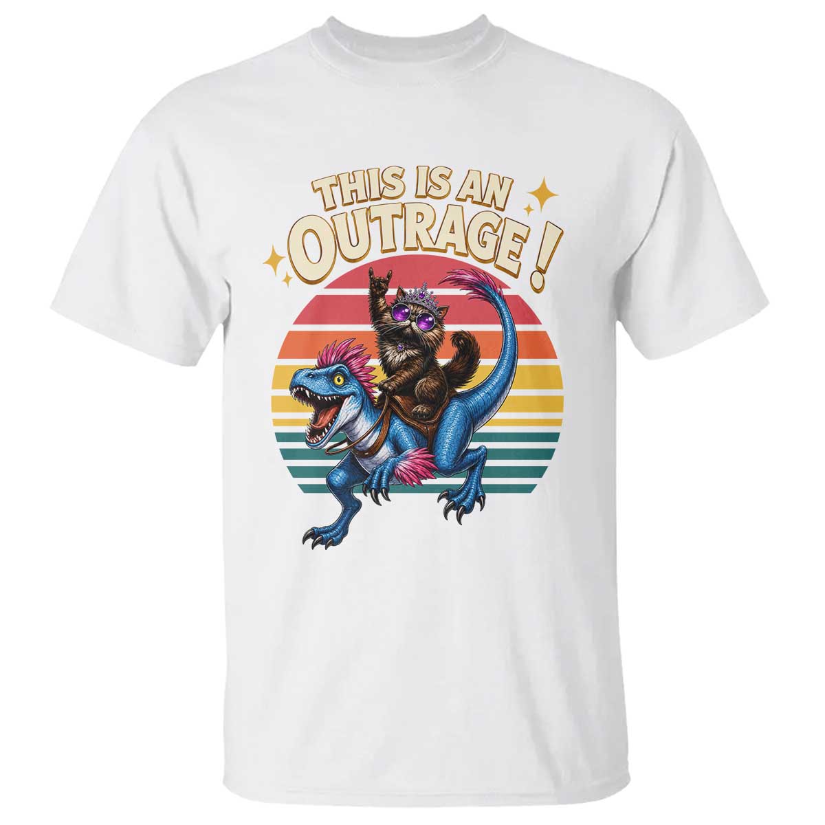 This Is An Outrage Cat Riding Dinosaur T Shirt Sci-Fi Book Lover Gift