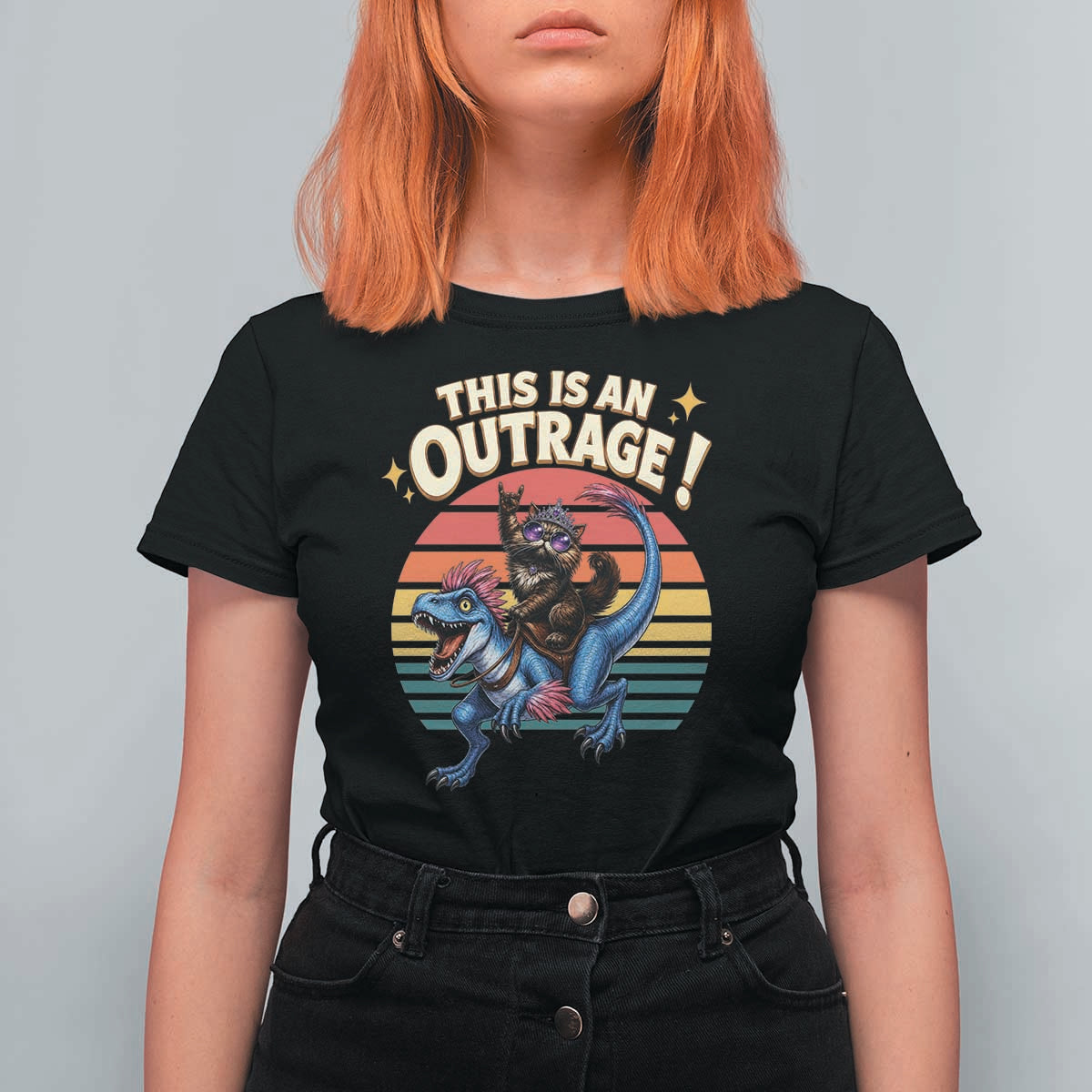 This Is An Outrage Cat Riding Dinosaur T Shirt For Women Sci-Fi Book Lover Gift