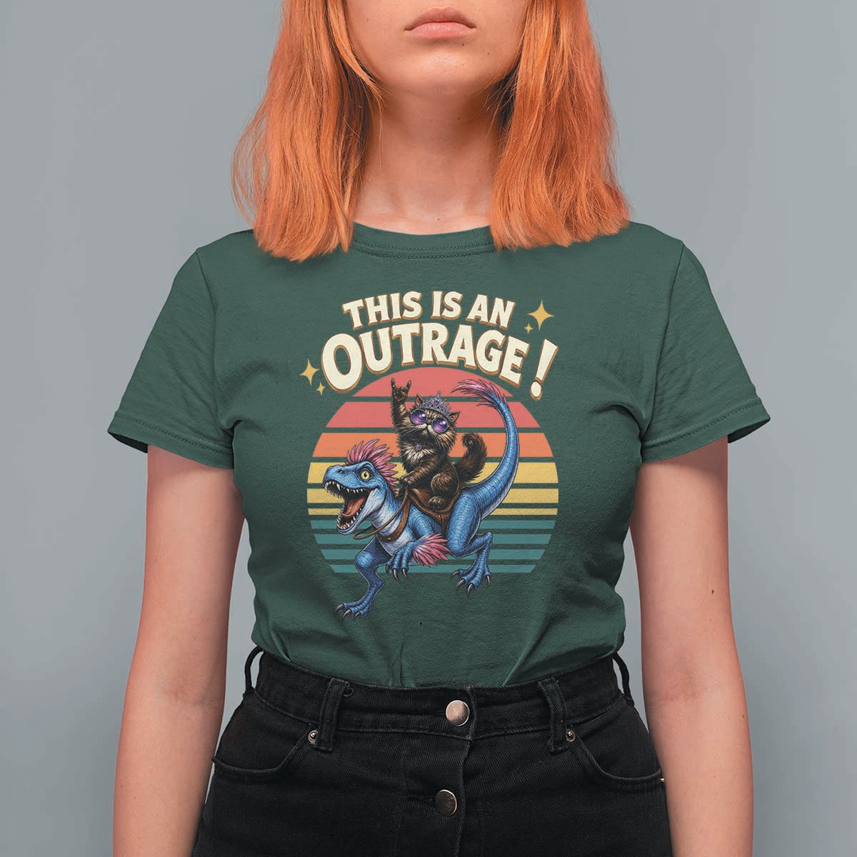 This Is An Outrage Cat Riding Dinosaur T Shirt For Women Sci-Fi Book Lover Gift