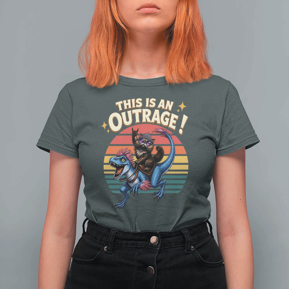This Is An Outrage Cat Riding Dinosaur T Shirt For Women Sci-Fi Book Lover Gift