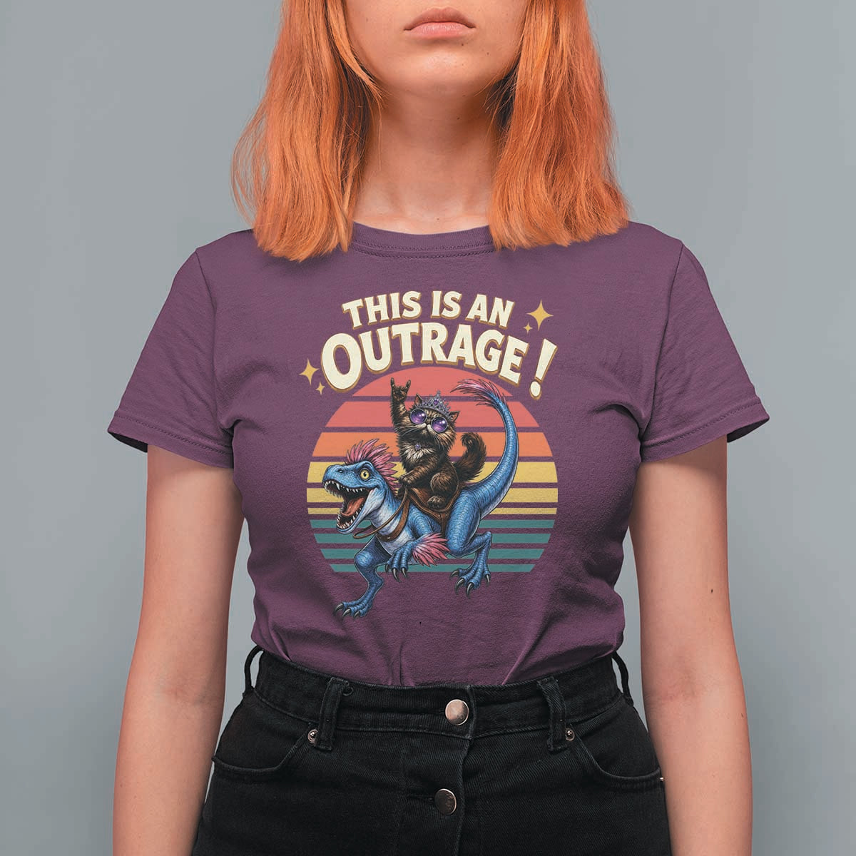 This Is An Outrage Cat Riding Dinosaur T Shirt For Women Sci-Fi Book Lover Gift