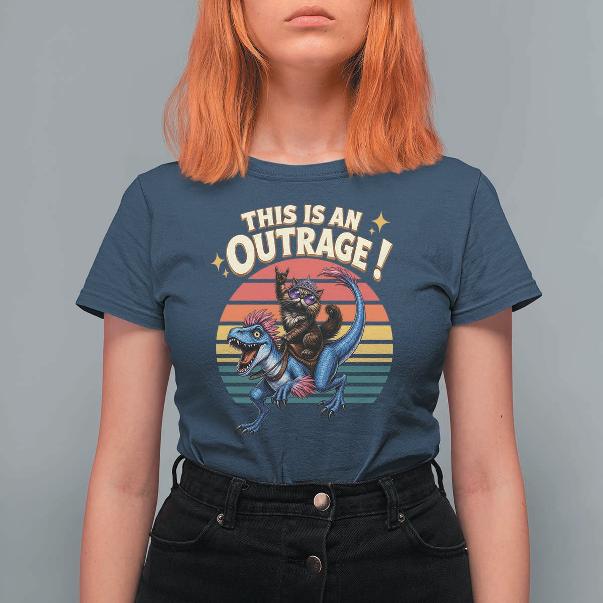 This Is An Outrage Cat Riding Dinosaur T Shirt For Women Sci-Fi Book Lover Gift