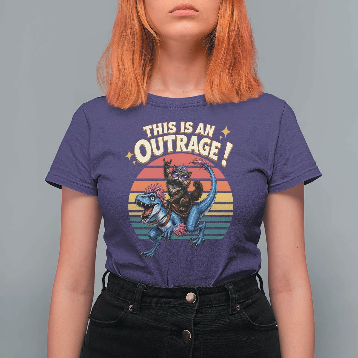 This Is An Outrage Cat Riding Dinosaur T Shirt For Women Sci-Fi Book Lover Gift