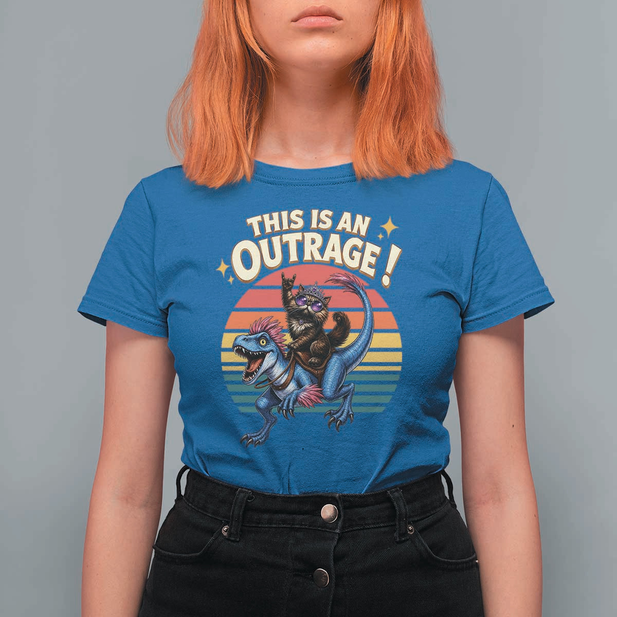 This Is An Outrage Cat Riding Dinosaur T Shirt For Women Sci-Fi Book Lover Gift