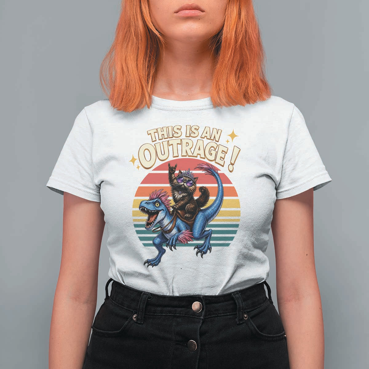 This Is An Outrage Cat Riding Dinosaur T Shirt For Women Sci-Fi Book Lover Gift