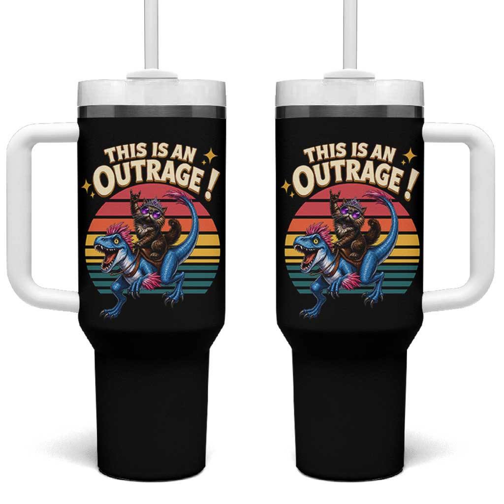 This Is An Outrage Cat Riding Dinosaur Tumbler With Handle Sci-Fi Book Lover Gift