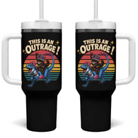 This Is An Outrage Cat Riding Dinosaur Tumbler With Handle Sci-Fi Book Lover Gift