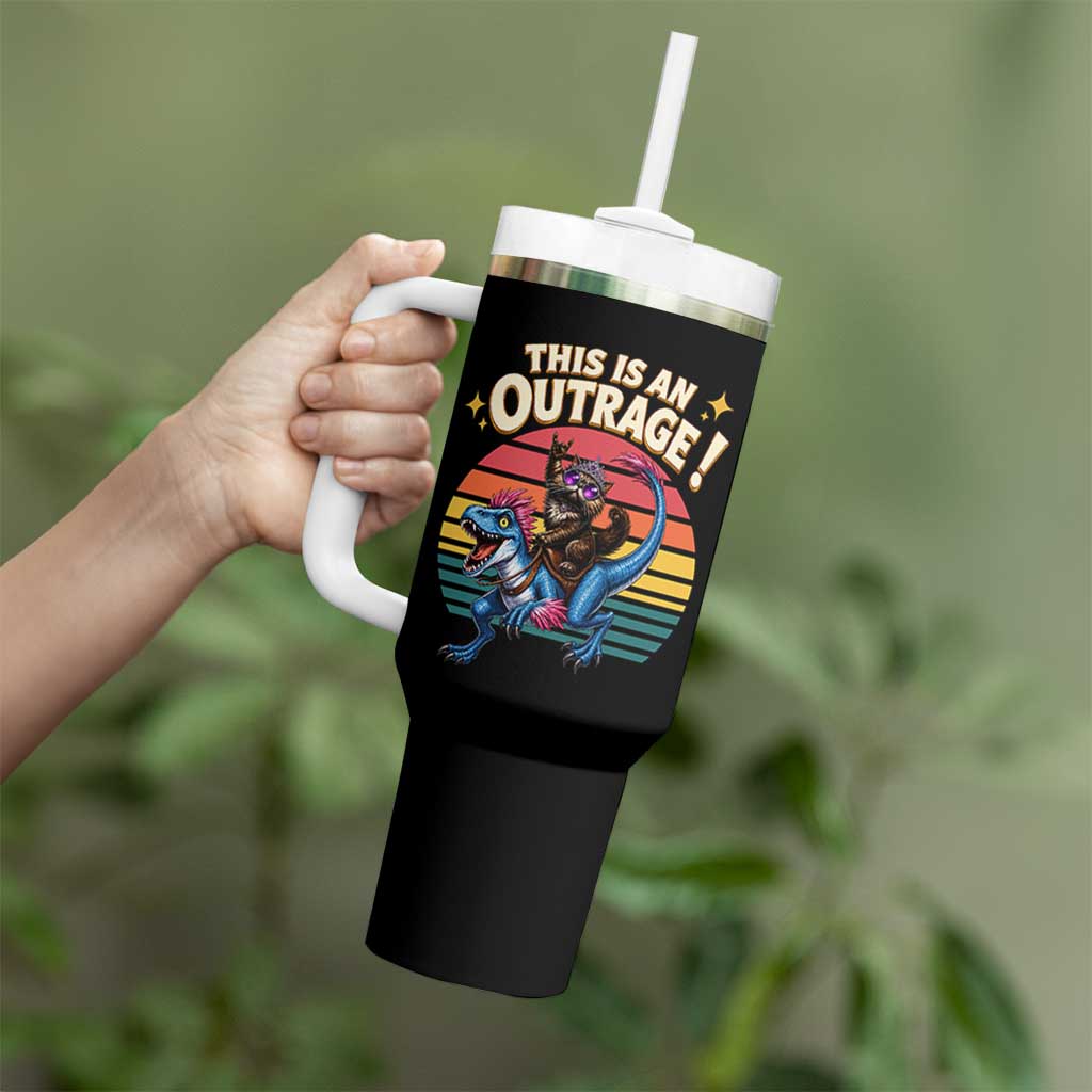 This Is An Outrage Cat Riding Dinosaur Tumbler With Handle Sci-Fi Book Lover Gift