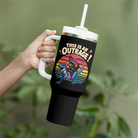 This Is An Outrage Cat Riding Dinosaur Tumbler With Handle Sci-Fi Book Lover Gift