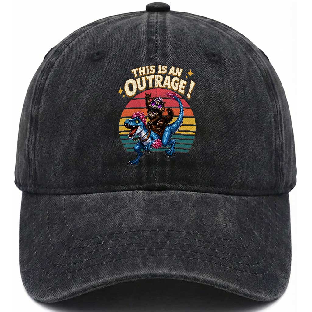 This Is An Outrage Cat Riding Dinosaur Washed Cotton Baseball Cap Sci-Fi Book Lover Gift