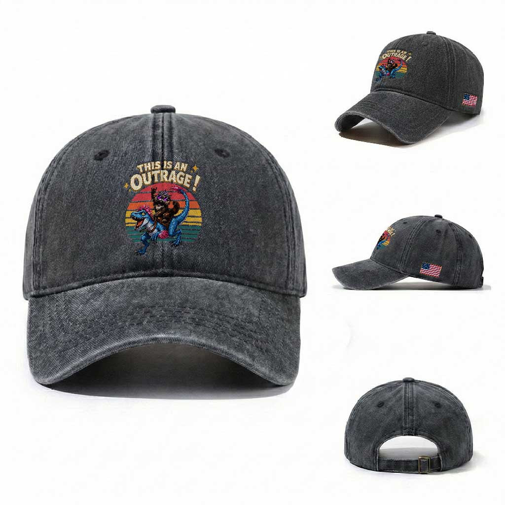 This Is An Outrage Cat Riding Dinosaur Washed Cotton Baseball Cap Sci-Fi Book Lover Gift